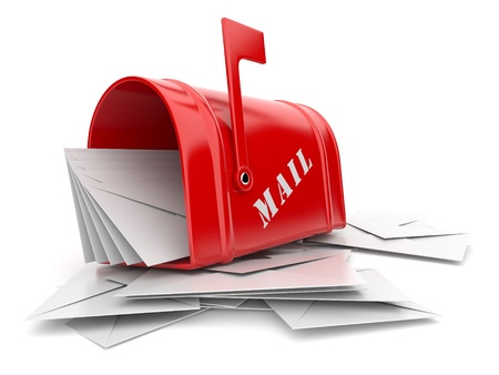 Red mail box with heap of letters. 3D illustration isolated on whiteの写真素材