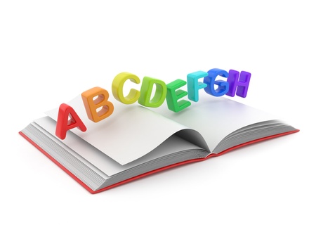 Colorful symbols of alphabet on book 3D.  Education concept. Isolated on white の写真素材