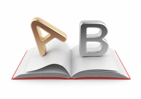 Symbols of alphabet on book 3D   Dictionary icon  Isolated on white backgroundの写真素材