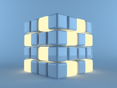 illuminated cubes  on blue background. 3d illustration