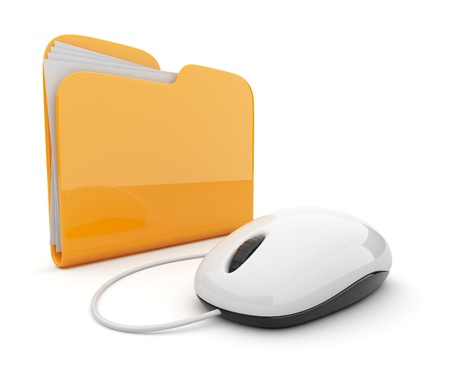 Computer mouse and yellow folder.  3D illustration isolated on whiteの写真素材