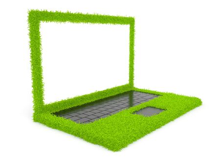 Green computer laptop of grass 3D. Isolated on white backgroundの写真素材