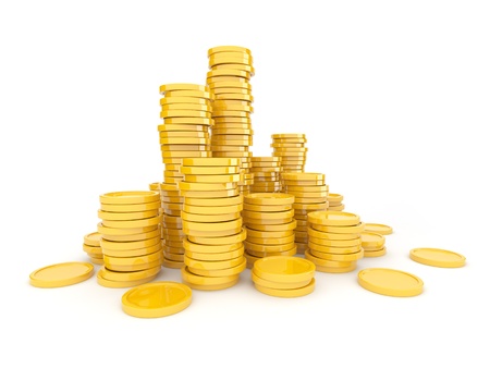 Gold coins  3D. Isolated on white backgroundの写真素材