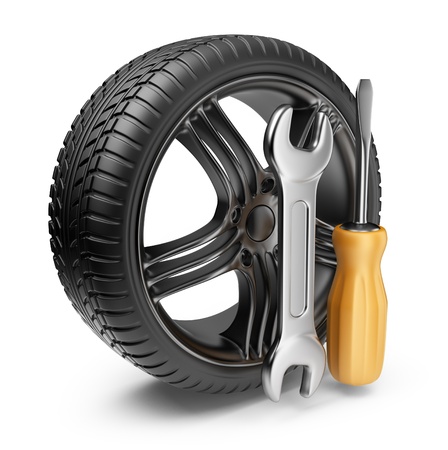 Wheel and tools  Car service  3D Icon isolated on white backgroundの写真素材