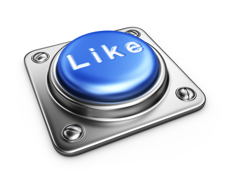 Blue LIKE button. 3D Icon isolated on white backgroundの写真素材