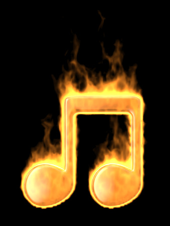 Music note burn in fire. 3D Icon isolated on blackの写真素材