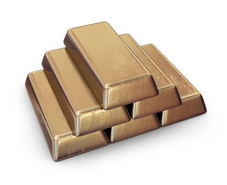 Realistic set of gold bars. 3D Icon isolated on white backgroundの写真素材