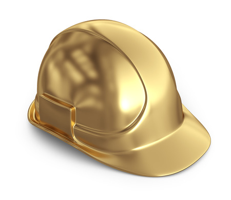 Golden helmet. 3D Icon isolated on white backgroundの写真素材