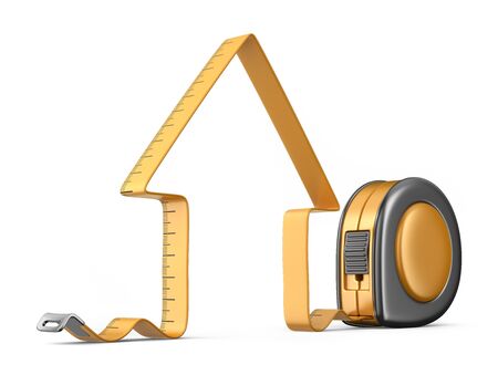 House and measuring tape 3D. Construction tool. Icon isolated on white backgroundの写真素材