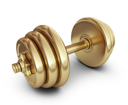 Golden dumbbell. 3D Icon isolated on white backgroundの写真素材
