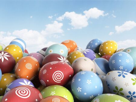 Easter background filled colorful eggs. 3D illustrationの写真素材