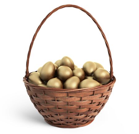 Golden eggs in wicker basket. Easter. 3D icon isolatedの写真素材