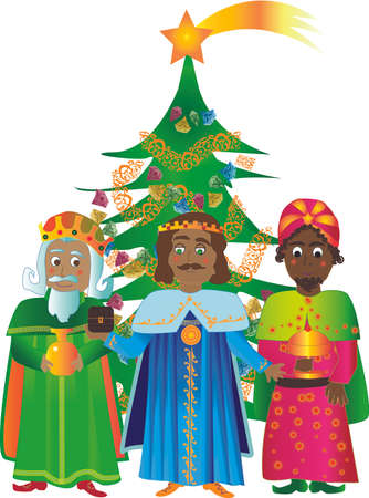 Kings with Christmas tree, bringing gold, frankincense and myrrh.のイラスト素材