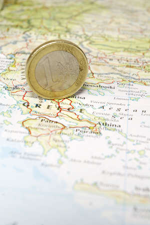 Euro Coin  on Map of  Greeceの写真素材