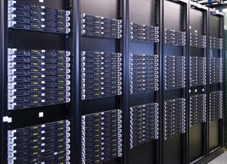 Computer Server Room Interior with Racks of Control Panel  Hardware