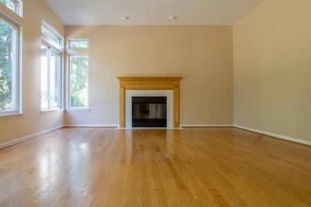 Empty Family Room with Fireplace Hardwood Floor Blank Wall Residential Home Interiorの写真素材