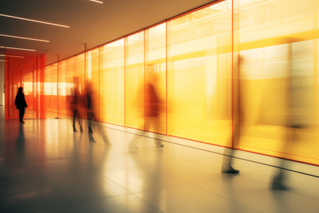 Business background with people walking in modern office hallway, motion blurredの素材