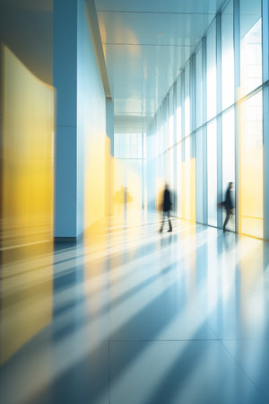 Business background with people walking in modern office hallway, motion blurredの素材