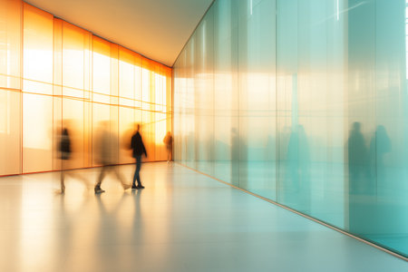 Business background with people walking in modern office hallway, motion blurredの素材