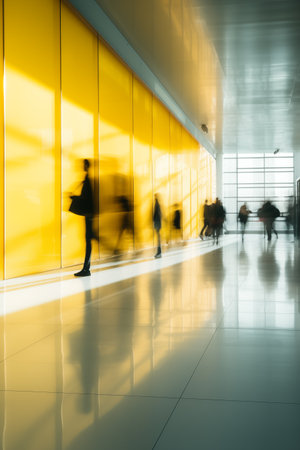 Business background with people walking in modern office hallway, motion blurredの素材