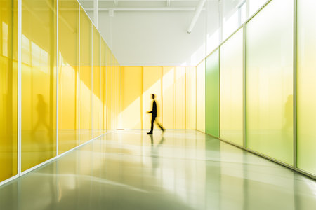 Business background with people walking in modern office hallway, motion blurredの素材
