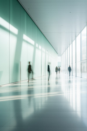 Business background with people walking in modern office hallway, motion blurredの素材