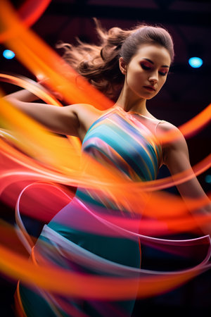 Graceful rhythmic gymnastics performance with the colorful swirling ribbon light streakes backgroundの素材