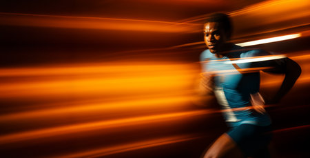 Wallpaper of a blurry sprinter successful running athlete with space for textの素材
