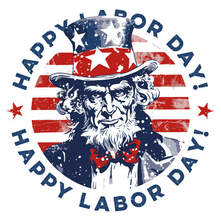 Grungy Happy Labor Day stamp with Uncle Sam, celebrating American workers, round badge in patriotic red, white and blue colorsの素材
