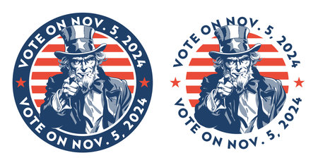 Vote on November 5, 2024 date reminder button with Uncle Sam, presidential elections, round sticker in patriotic colorsの素材