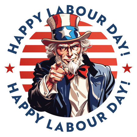 Happy Labor Day stamp with Uncle Sam, round sticker in American flag stars and stripe colorsの素材