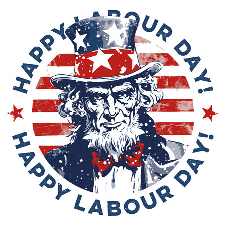 Grungy Happy Labor Day stamp with Uncle Sam, round button in American patriotic red, white and blue colorsの素材