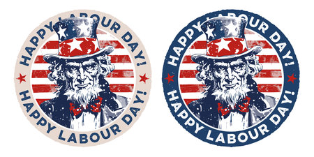 Grungy Happy Labor Day stamp with Uncle Sam, round button in American patriotic red, white and blue colorsの素材