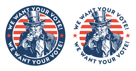 We want your vote stamp with Uncle Sam, presidential elections, round button in patriotic colorsの素材