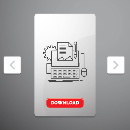 Type Writer, paper, computer, paper, keyboard Line Icon in Carousal Pagination Slider Design & Red Download Buttonのイラスト素材