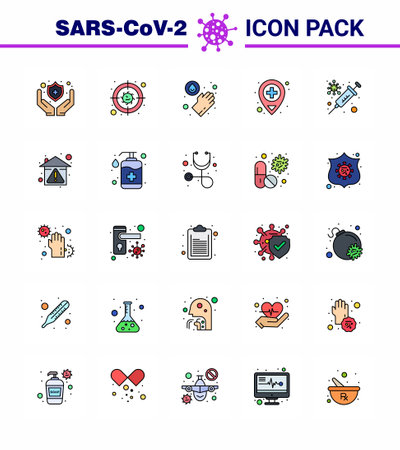 25 Flat Color Filled Line icon pack home, vaccine, medical, protection, medical viral  disease Vector Design Elementsのイラスト素材