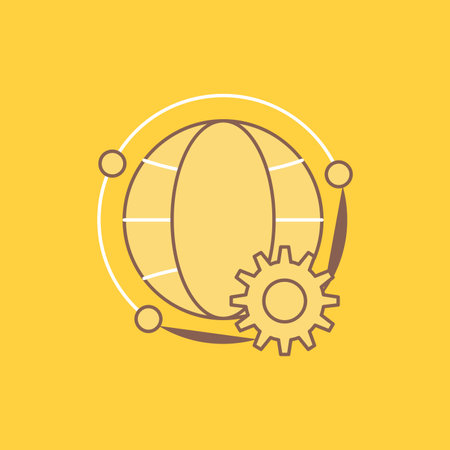 connected, online, world, globe, multiplayer Flat Line Filled Icon. Beautiful Logo button over yellow background for UI and UX, website or mobile applicationのイラスト素材