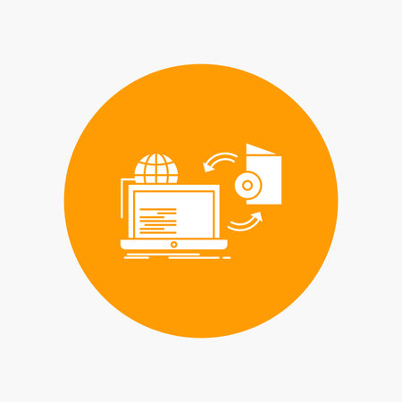 Disc, online, game, publish, publishing White Glyph Icon in Circle. Vector Button illustrationのイラスト素材