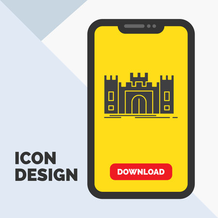 Castle, defense, fort, fortress, landmark Glyph Icon in Mobile for Download Page. Yellow Backgroundのイラスト素材