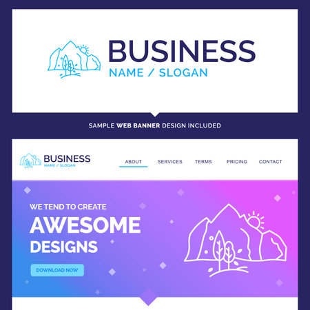 Beautiful Business Concept Brand Name hill, landscape, nature, mountain, tree Logo Design and Pink and Blue background Website Header Design template. Place for Slogan / Tagline. Exclusive Website banner and Business Logo design Templateのイラスト素材
