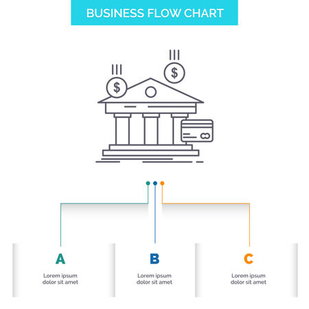bank, payments, banking, financial, money Business Flow Chart Design with 3 Steps. Line Icon For Presentation Background Template Place for textのイラスト素材