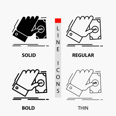business, hand, money, earn, dollar Icon in Thin, Regular, Bold Line and Glyph Style. Vector illustrationのイラスト素材