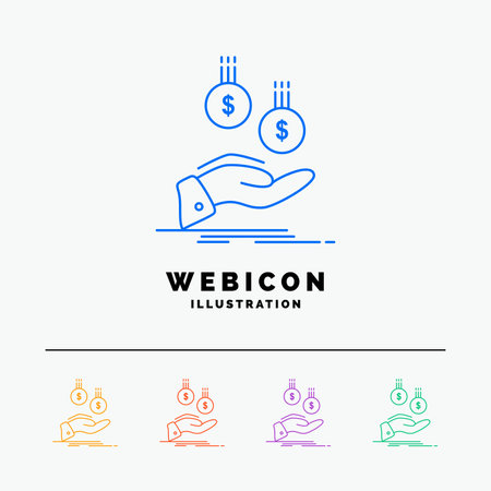 coins, hand, currency, payment, money 5 Color Line Web Icon Template isolated on white. Vector illustrationのイラスト素材