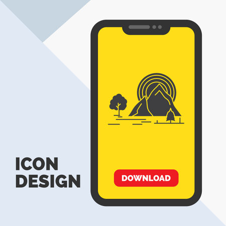 Mountain, hill, landscape, nature, rainbow Glyph Icon in Mobile for Download Page. Yellow Backgroundのイラスト素材