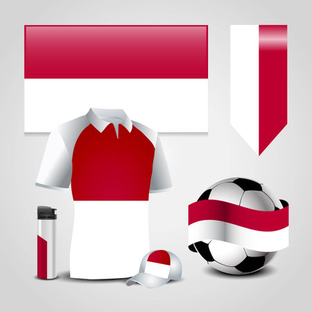 Indonesia Country Flag place on T-Shirt, Lighter, Soccer Ball, Football and Sports Hatのイラスト素材