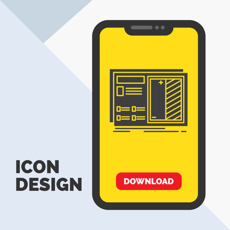 Blueprint, design, drawing, plan, prototype Glyph Icon in Mobile for Download Page. Yellow Backgroundのイラスト素材