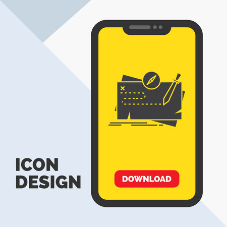 Game, map, mission, quest, role Glyph Icon in Mobile for Download Page. Yellow Backgroundのイラスト素材