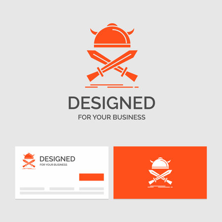 Business logo template for battle, emblem, viking, warrior, swords. Orange Visiting Cards with Brand logo template.のイラスト素材