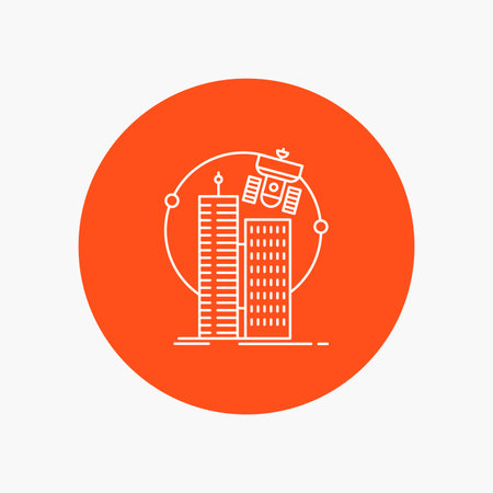 building, smart city, technology, satellite, corporation White Line Icon in Circle background. vector icon illustrationのイラスト素材