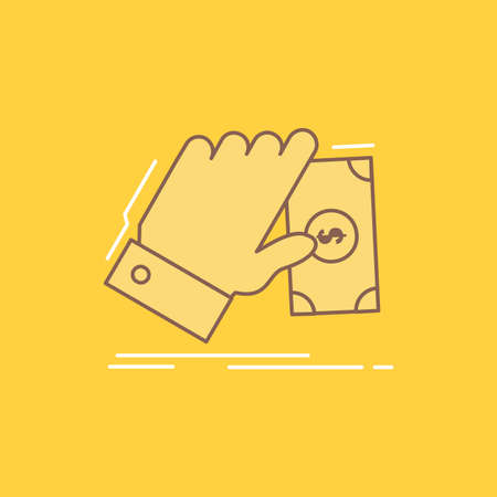 business, hand, money, earn, dollar Flat Line Filled Icon. Beautiful Logo button over yellow background for UI and UX, website or mobile applicationのイラスト素材